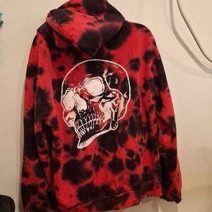 AD Mens Womens Hoodie Red Black Tie-Dye Skull Graphic Hoodie Jacket